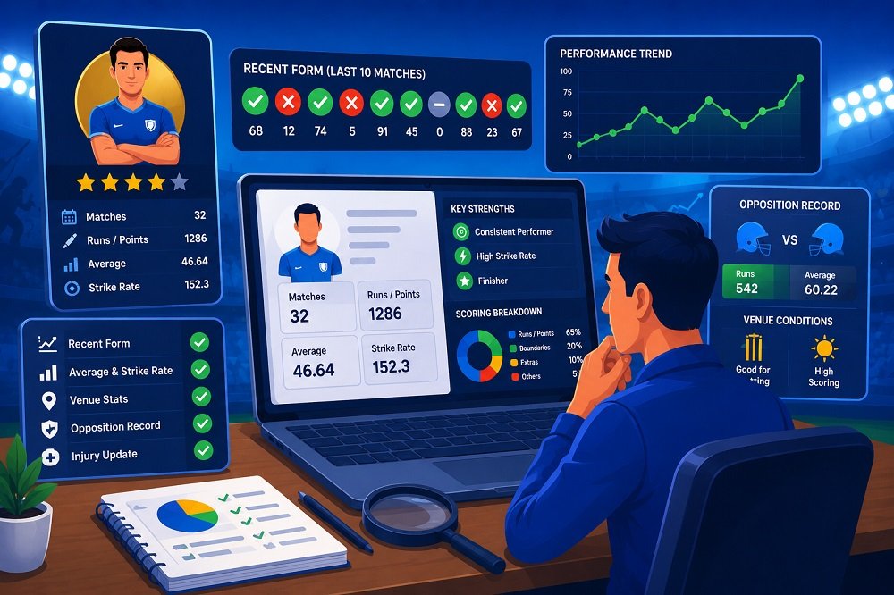 Fantasy sports team selection dashboard explaining player roles, fantasy points, virtual credits, scoring rules, and lineup basics for beginners.